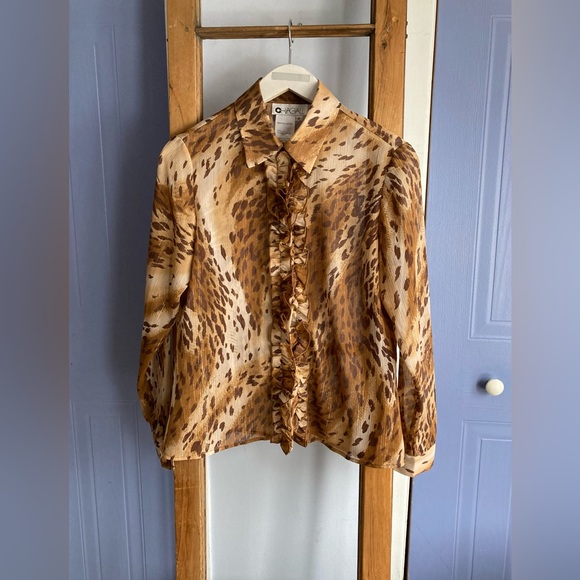✨🥳host pick 🤩🥂Chagall Vintage Leopard Print Sheer Ruffled Front Blouse - Sz 8 - Picture 1 of 8